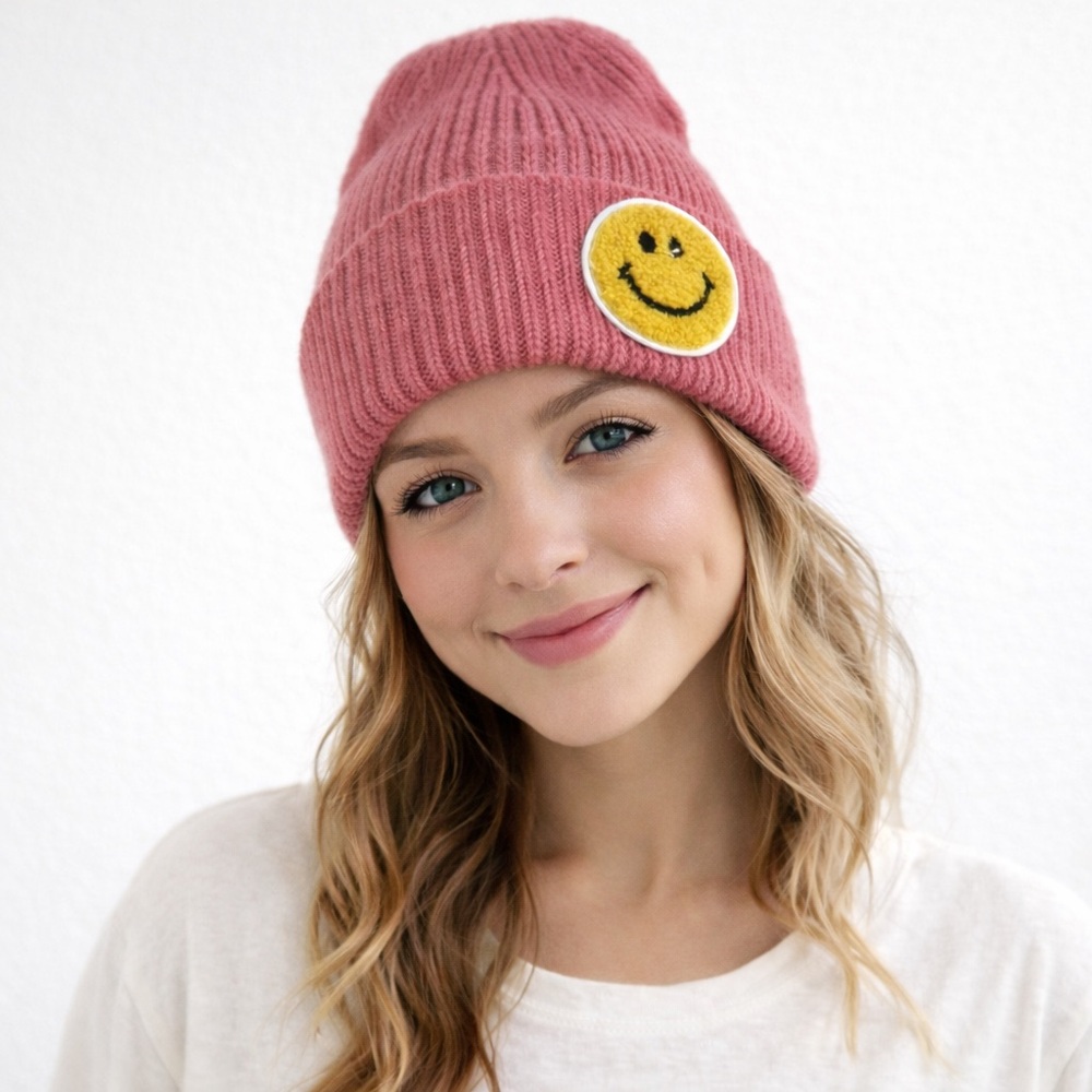 Smiley Face Knit Beanie Hats Light Pink And Dark Pink Brand NEW